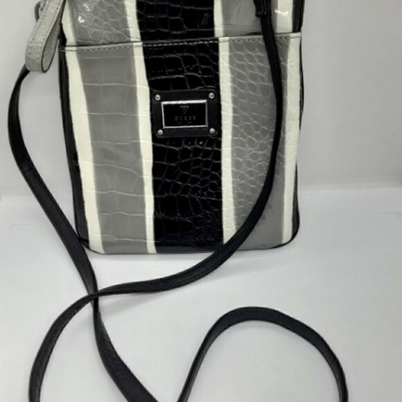Guess Mini Crossbody Stripped White/Grey/Black Color - Picture 1 of 8